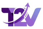 Purple logo with 'T2V' on a white background