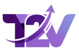 Purple logo with 'T2V' on a white background